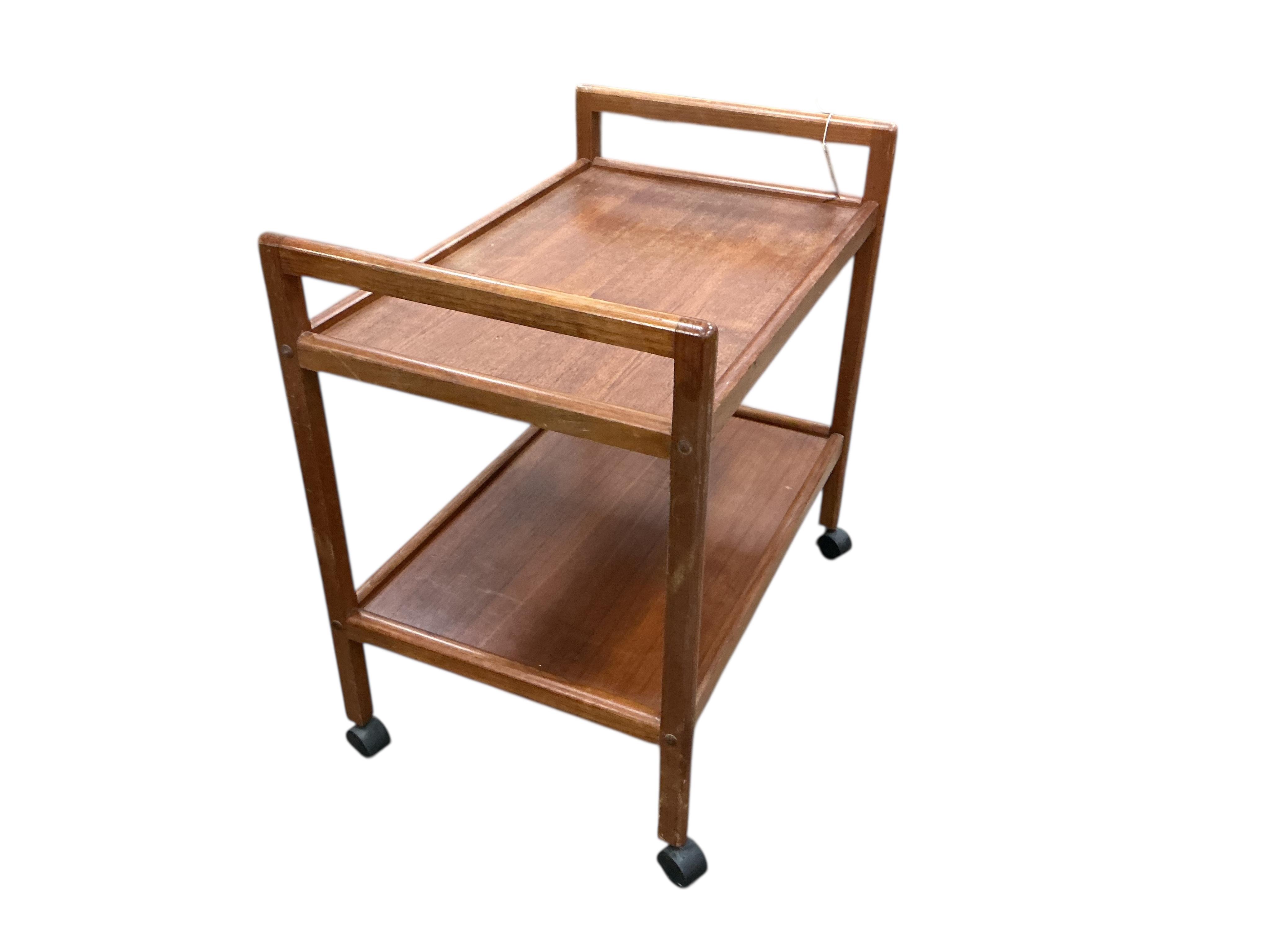 A mid century rectangular teak two tier tea trolley, width 70cm, depth 47cm, height 70cm